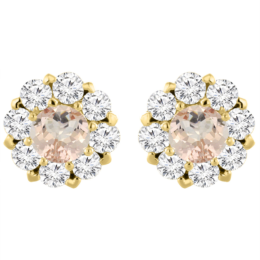 14K Yellow Gold Natural Morganite Earrings with Diamond Halo Round 6 mm