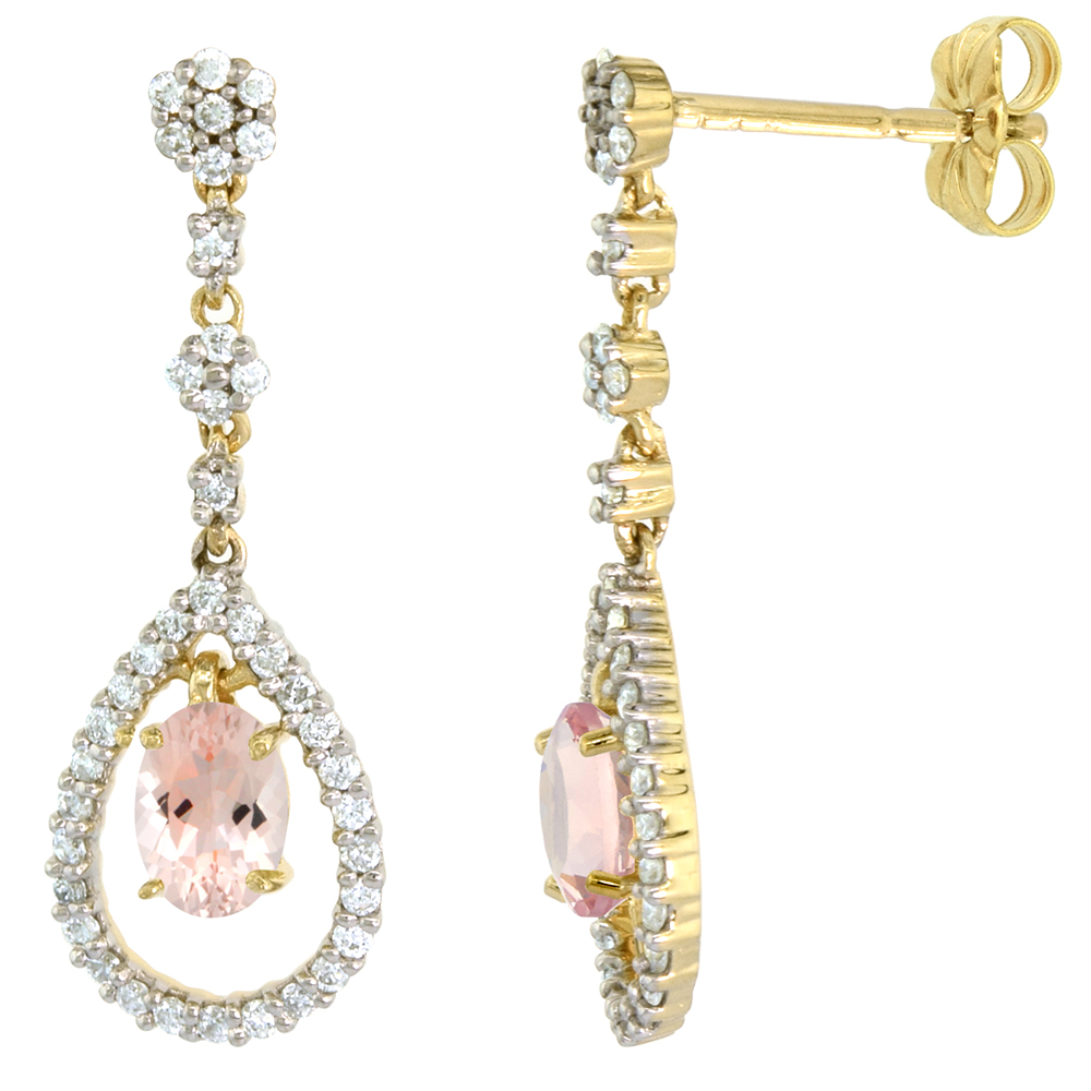 14k Gold Diamond Genuine Morganite Dangle Earrings Teardrop 6x4 Oval 1 inch long