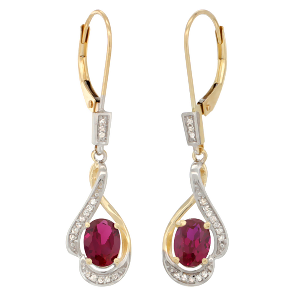 14K Yellow Gold Diamond Natural Quality Ruby Leverback Earrings Oval 7x5 mm, 1 7/16 inch long