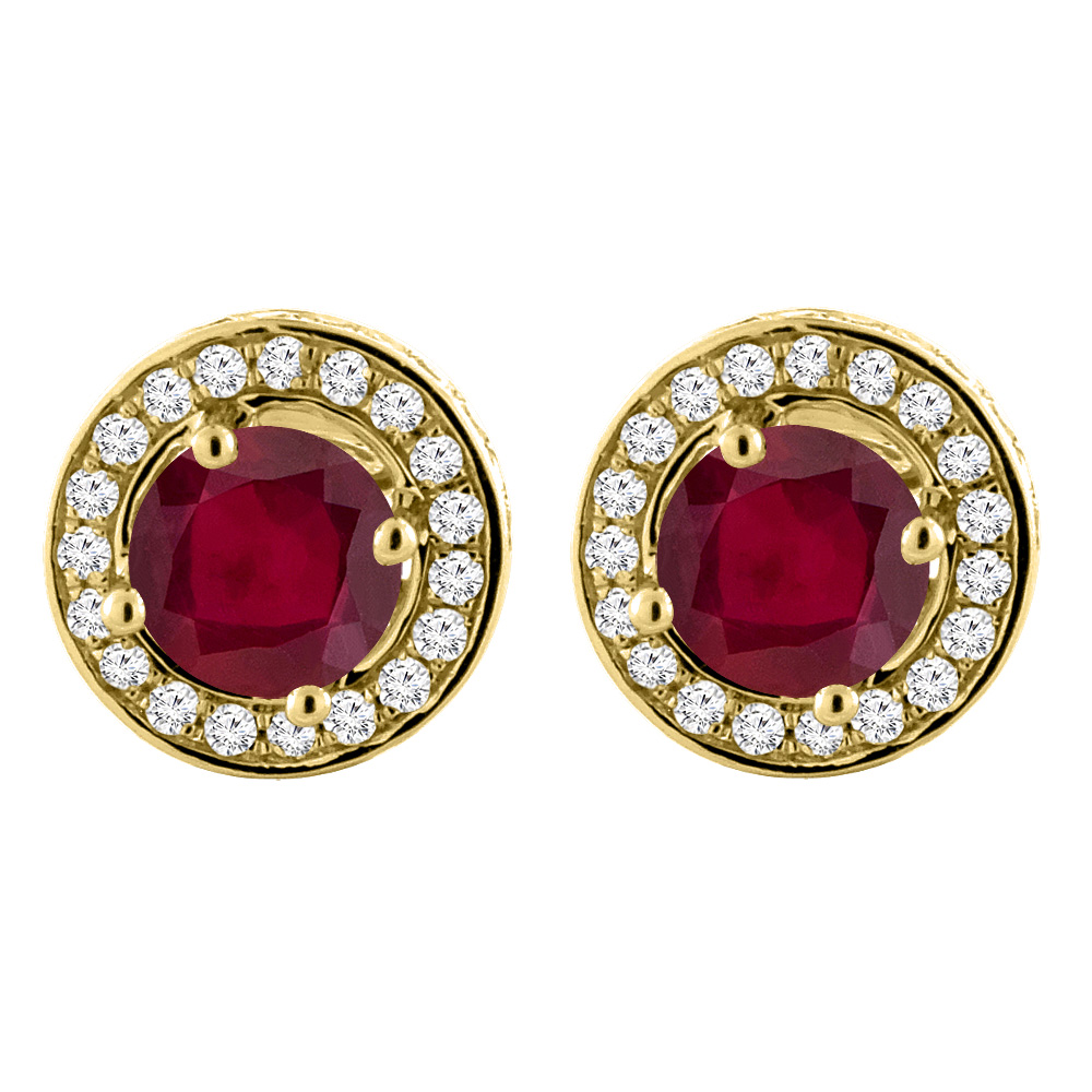 14K YELLOW GOLD ENHANCED GENUINE RUBY EARRINGS WITH DIAMOND HALO ROUND 5 MM