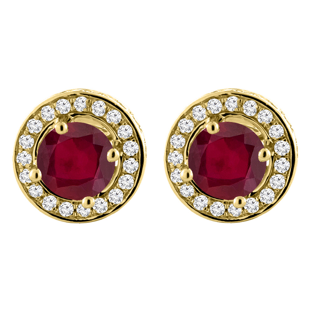 14K Yellow Gold Enhanced Genuine Ruby Earrings with Diamond Halo Round 5 mm