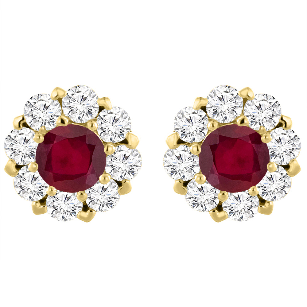 14K Yellow Gold Enhanced Genuine Ruby Earrings with Diamond Halo Round 6 mm