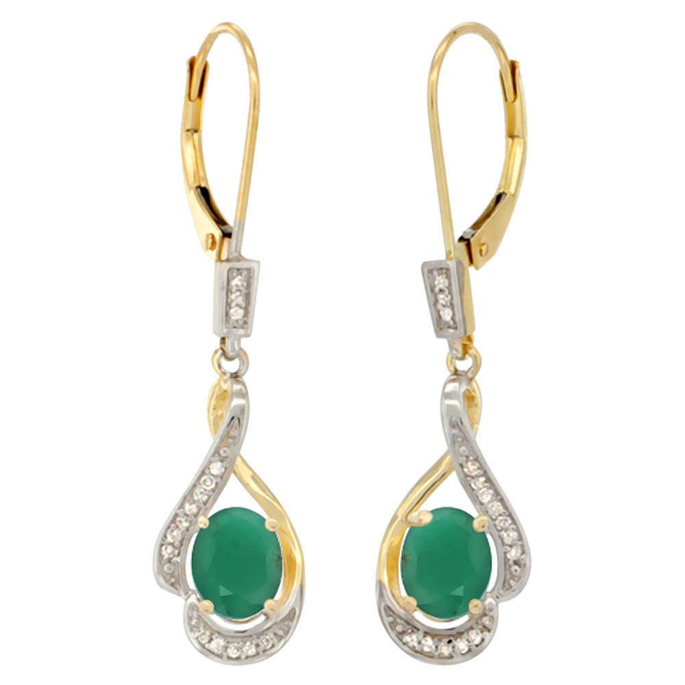 14K Yellow Gold Diamond Natural Quality Emerald Leverback Earrings Oval 7x5mm, 1 7/16 inch long