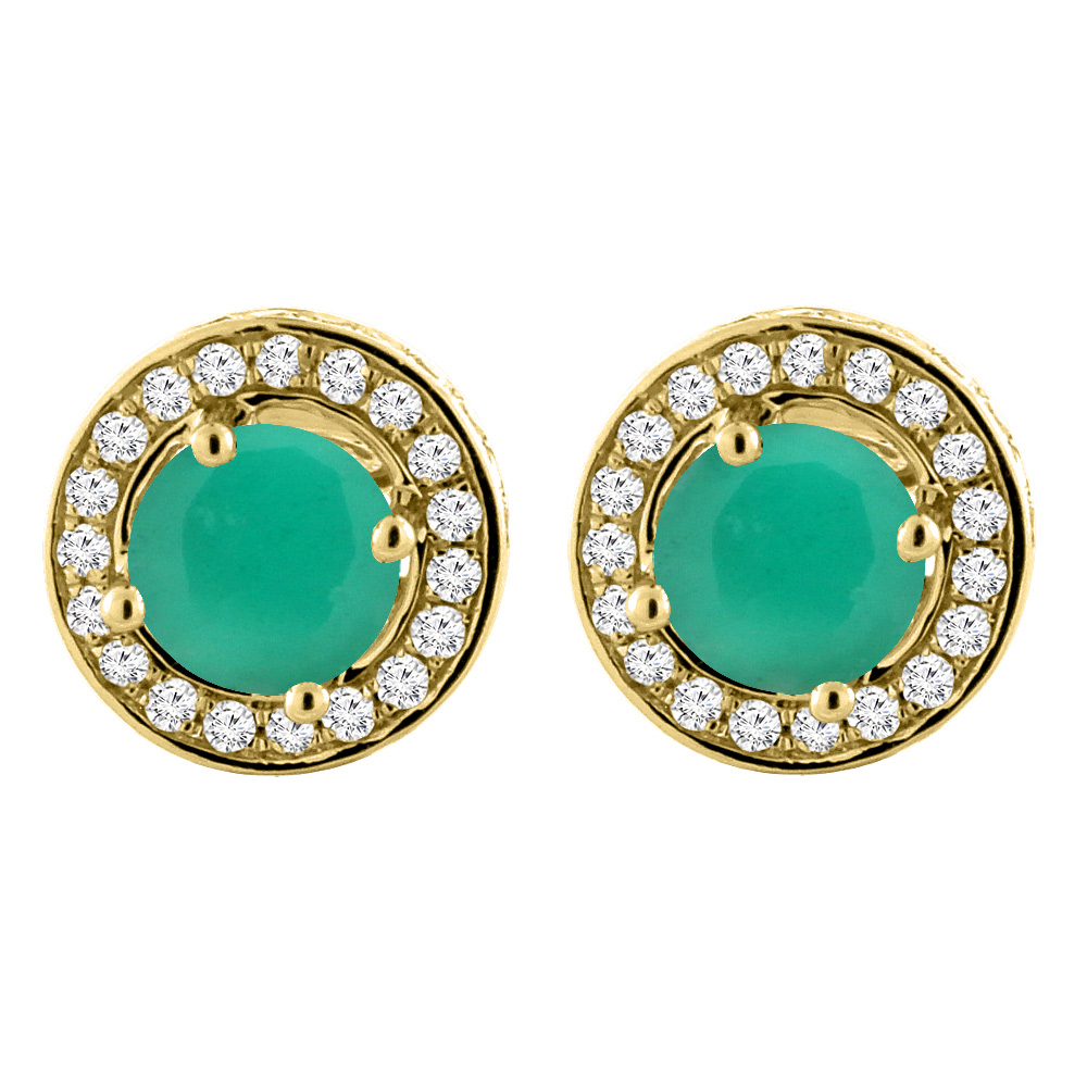 14K Yellow Gold Natural Emerald Earrings with Diamond Halo Round 5 mm