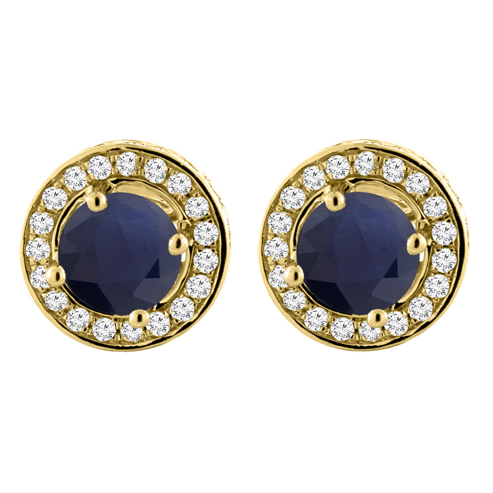 14K Yellow Gold Natural Blue Sapphire Earrings with Diamond Halo Round 5 mm