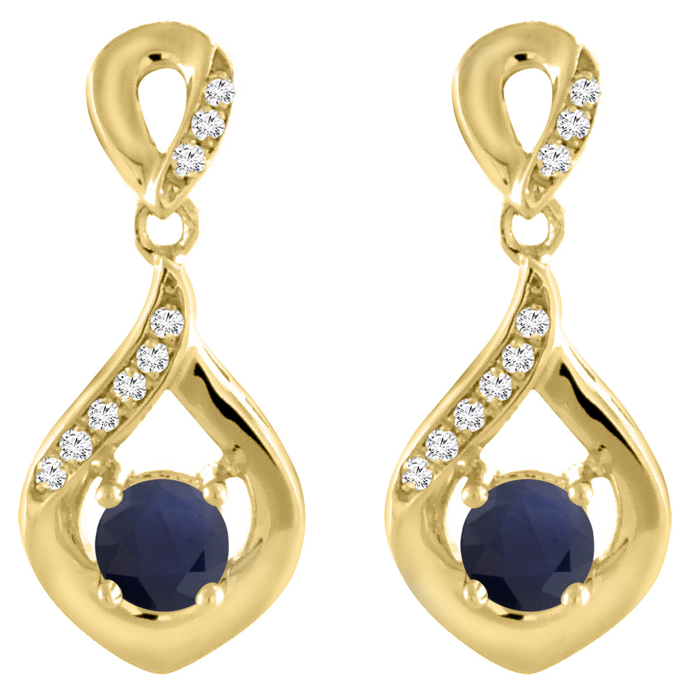 14K YELLOW GOLD NATURAL BLUE SAPPHIRE EARRINGS WITH DIAMOND ACCENTS ROUND 4 MM
