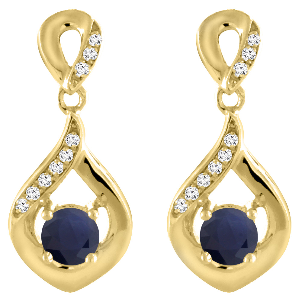 14K Yellow Gold Natural Blue Sapphire Earrings with Diamond Accents Round 4 mm
