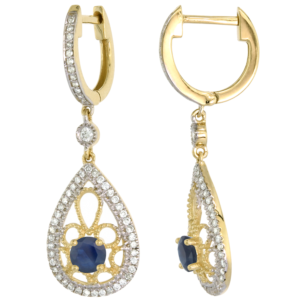 14K YELLOW GOLD NATURAL BLUE SAPPHIRE TEARDROP EARRINGS 3.5MM ROUND WITH 0.47 CTTW DIAMONDS 3/4 INCH LONG