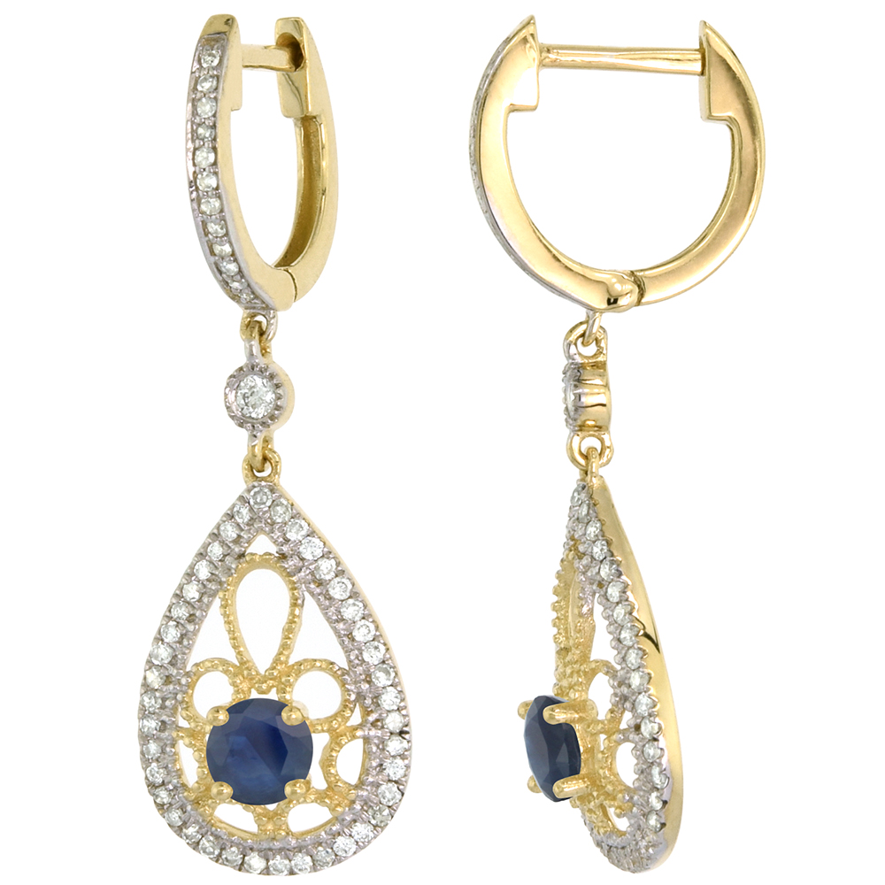 14k Yellow Gold Natural Blue Sapphire Teardrop Earrings 3.5mm Round with 0.47 cttw Diamonds 3/4 inch long