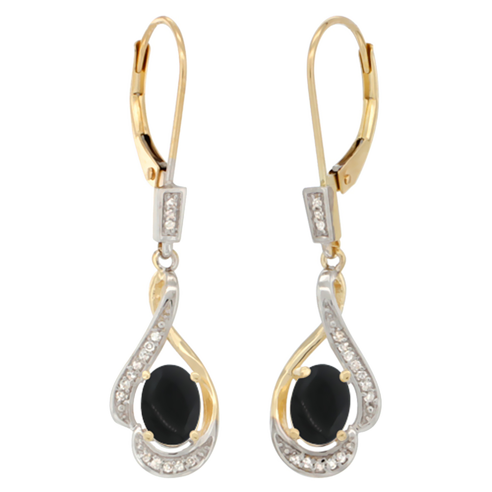 14K YELLOW GOLD DIAMOND NATURAL MORGANITE LEVERBACK EARRINGS OVAL 7X5 MM, 1 7/16 INCH LONG