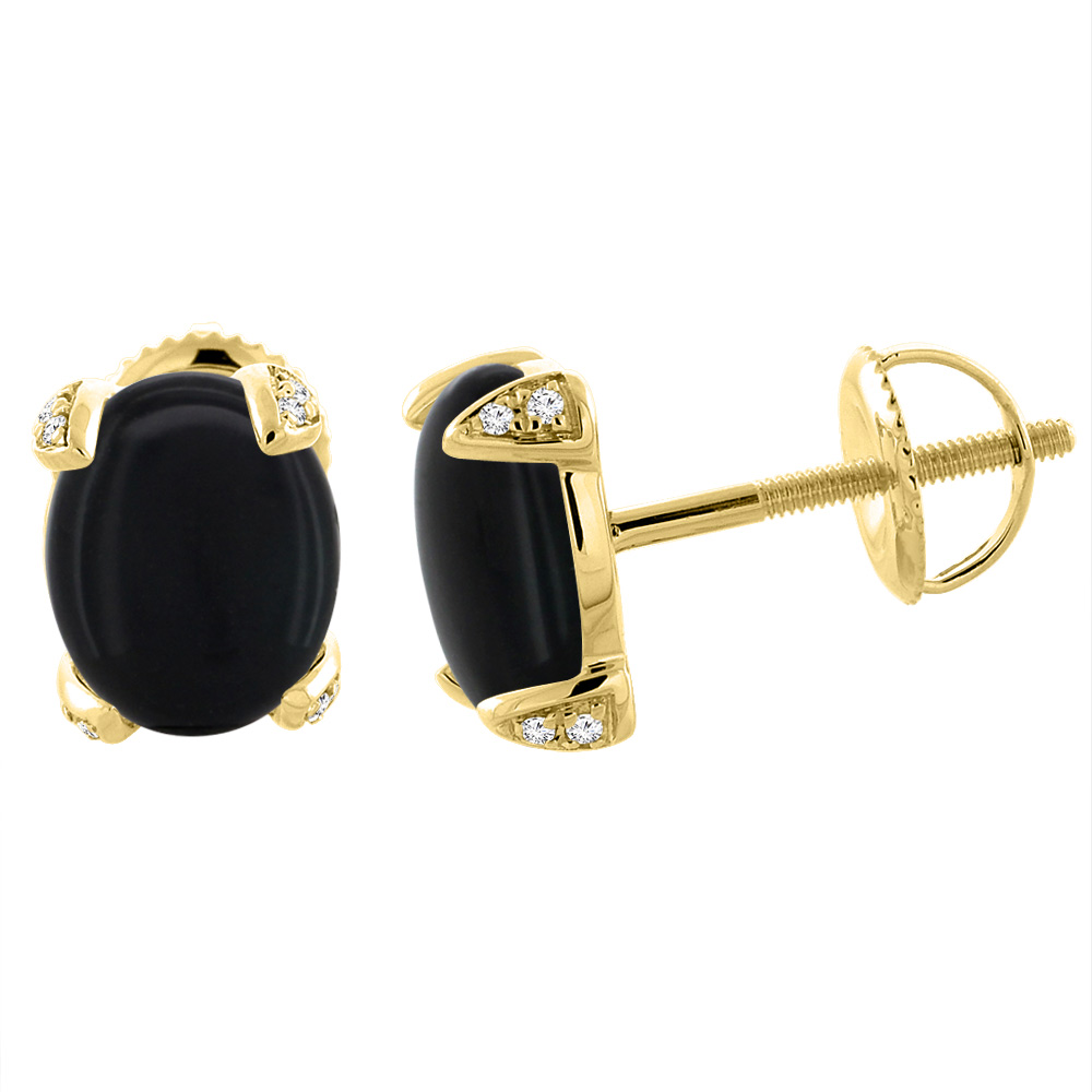 14K Yellow Gold Natural Black Onyx Screw back Earrings Oval 9x7 mm with Diamond Accents