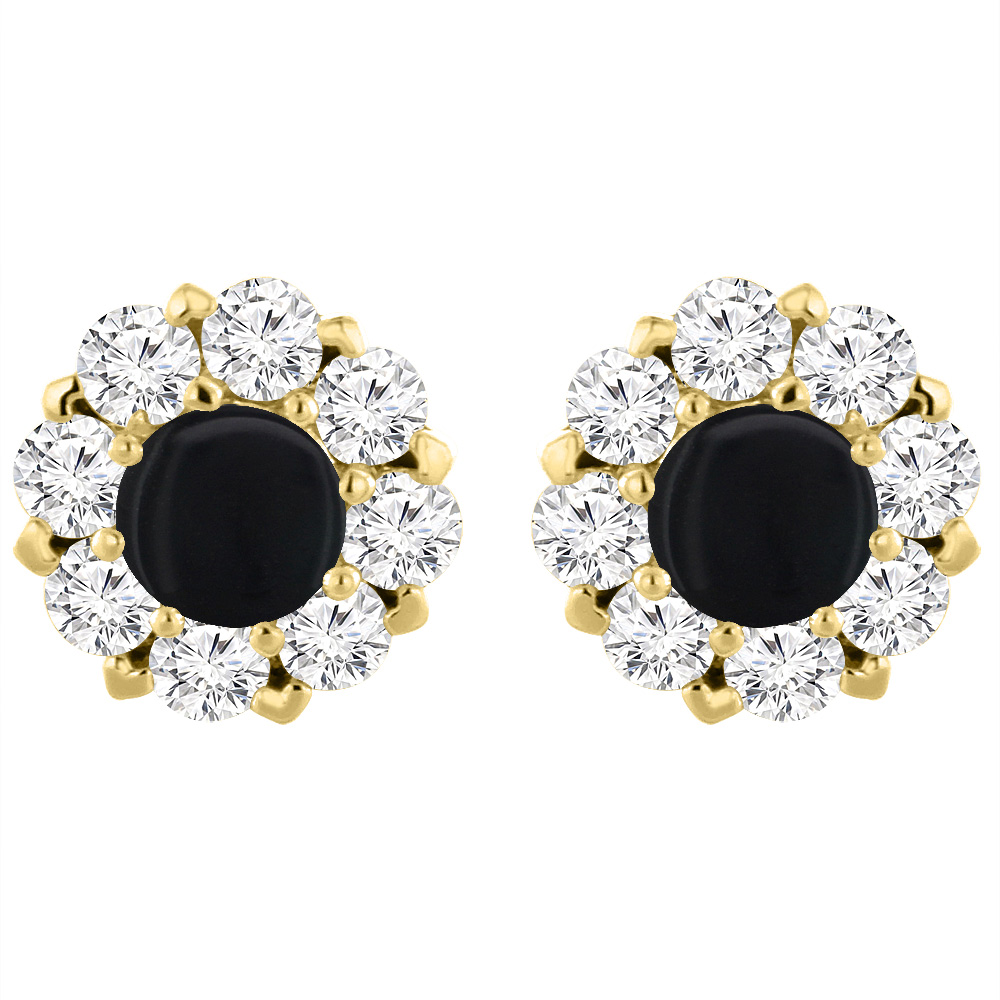 14K YELLOW GOLD NATURAL BLACK ONYX EARRINGS WITH DIAMOND HALO ROUND 6 MM