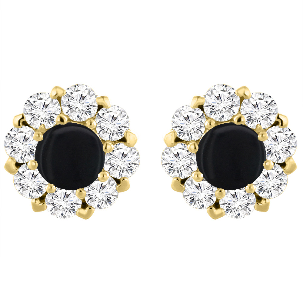 14K Yellow Gold Natural Black Onyx Earrings with Diamond Halo Round 6 mm