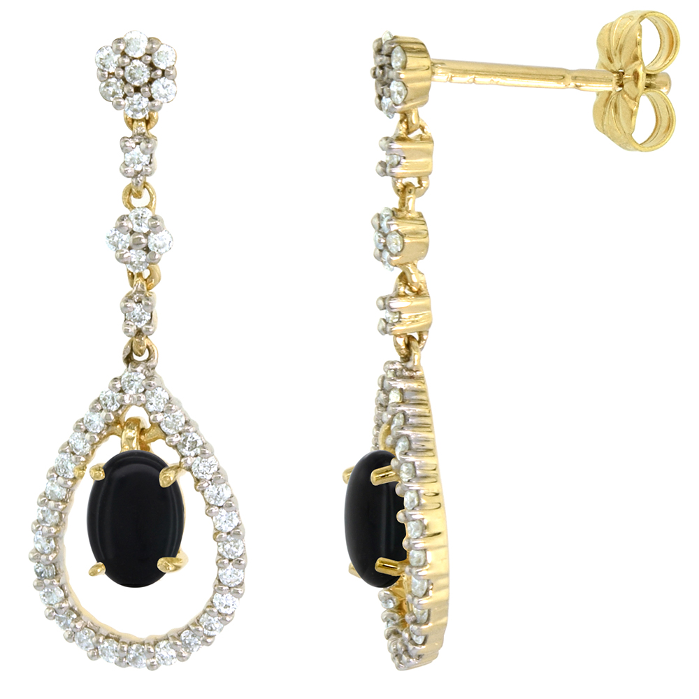 14k Gold Diamond Genuine Onyx Dangle Earrings Teardrop 6x4 Oval 1 inch long