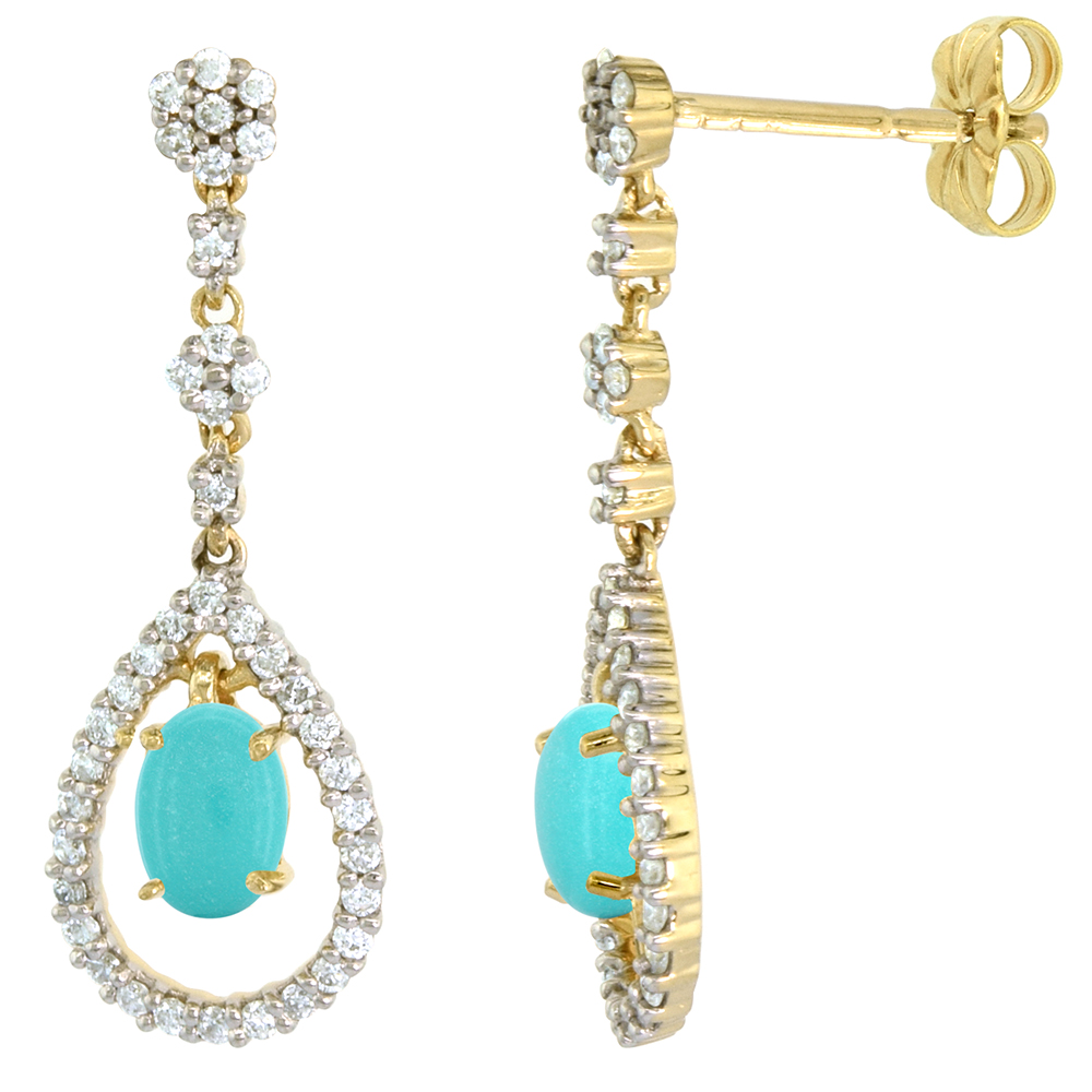 14K GOLD DIAMOND GENUINE TURQUOISE DANGLE EARRINGS TEARDROP 6X4 OVAL 1 INCH LONG