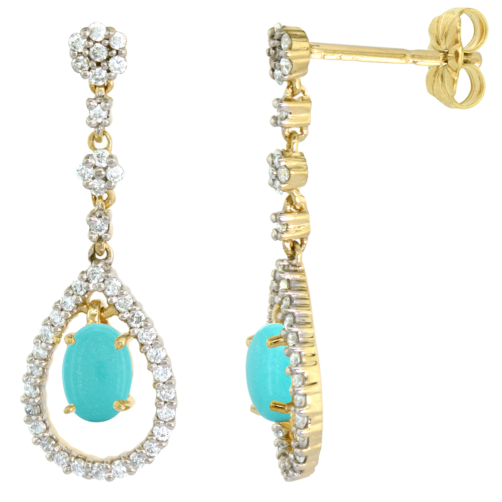 14k Gold Diamond Genuine Turquoise Dangle Earrings Teardrop 6x4 Oval 1 inch long