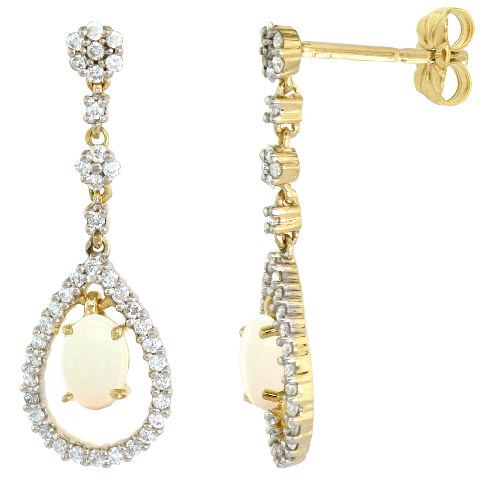 14k Gold Diamond Genuine Opal Dangle Earrings Teardrop 6x4 Oval 1 inch long