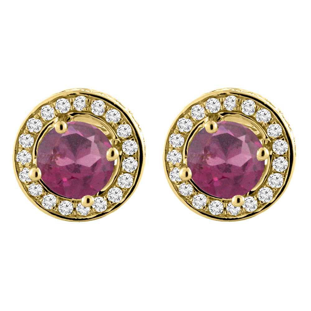 14K YELLOW GOLD NATURAL RHODOLITE EARRINGS WITH DIAMOND HALO ROUND 5 MM