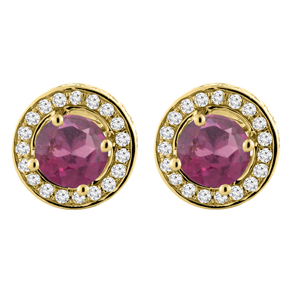 14K Yellow Gold Natural Rhodolite Earrings with Diamond Halo Round 5 mm