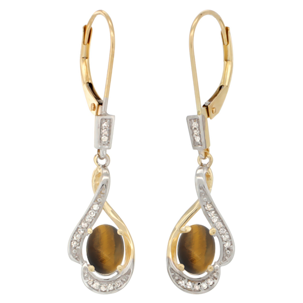 14K YELLOW GOLD DIAMOND NATURAL BLACK ONYX LEVERBACK EARRINGS OVAL 7X5 MM, 1 7/16 INCH LONG