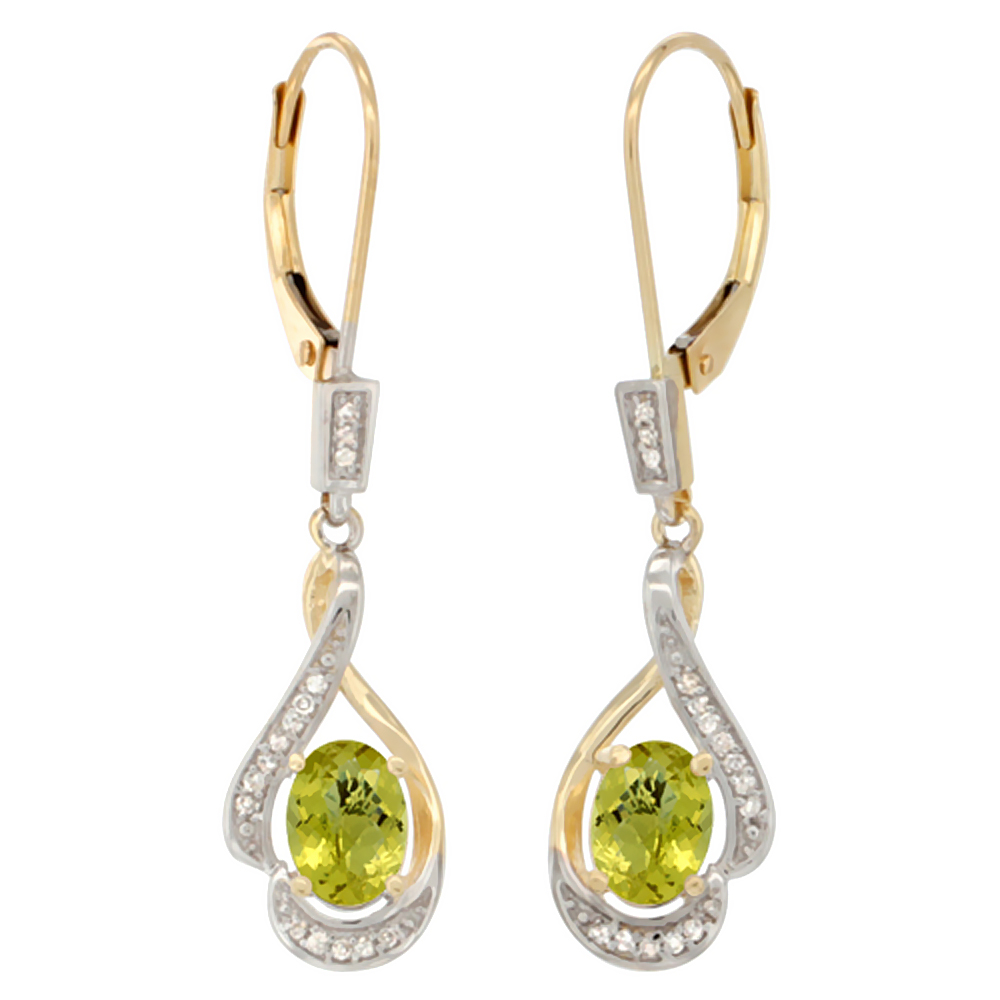 14K Yellow Gold Diamond Natural Opal Leverback Earrings Oval 7x5 mm, 1 7/16 inch long