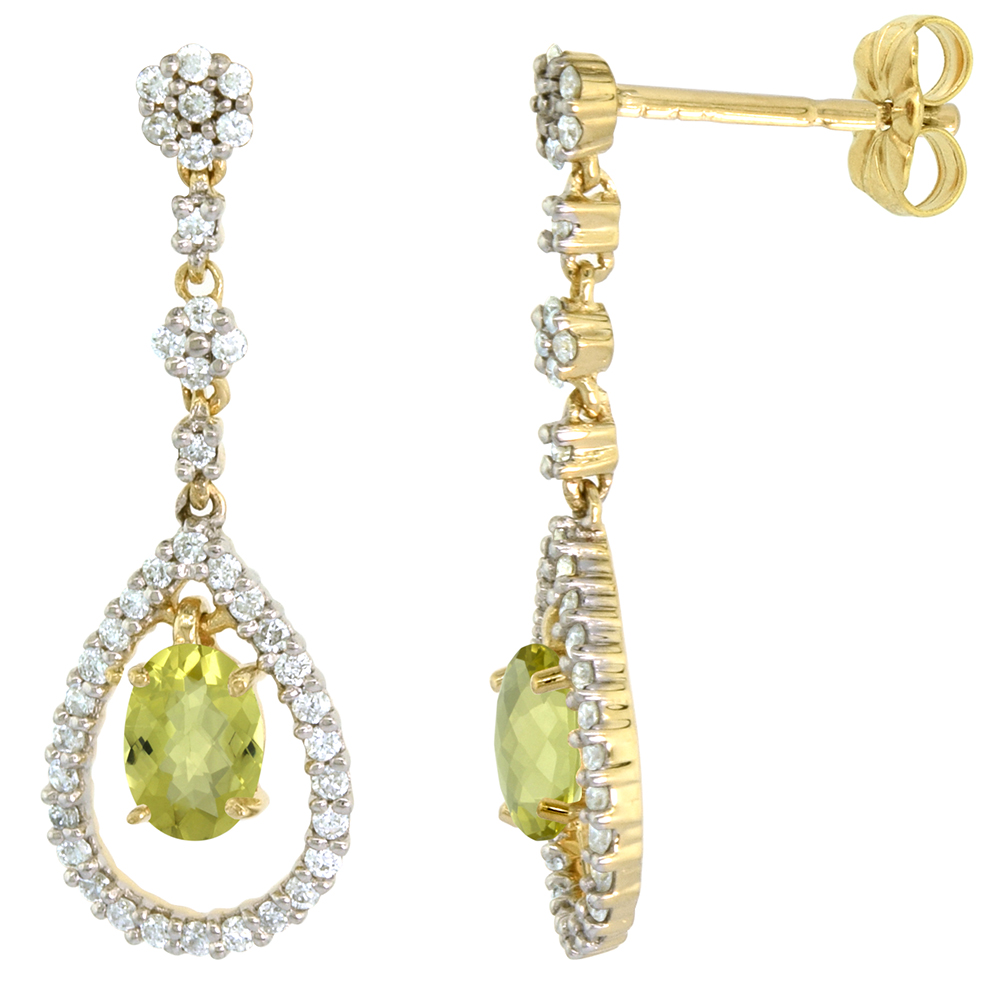 14k Gold Diamond Genuine Lemon Quartz Dangle Earrings Teardrop 6x4 Oval 1 inch long