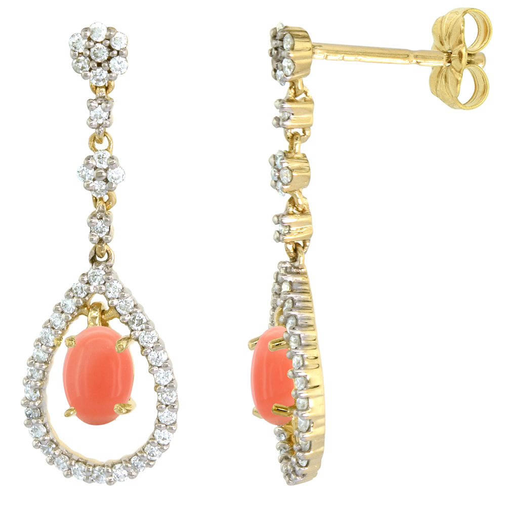 14K GOLD DIAMOND GENUINE CORAL DANGLE EARRINGS TEARDROP 6X4 OVAL 1 INCH LONG