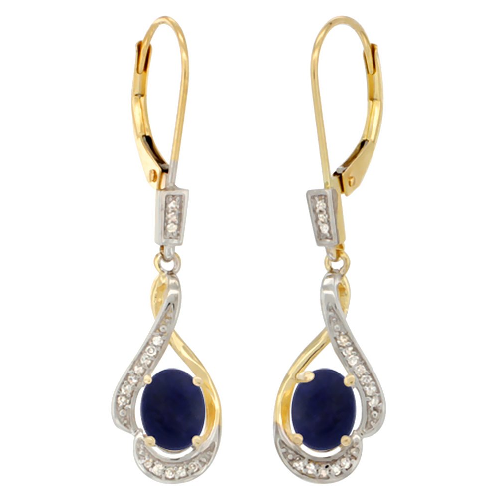 14K YELLOW GOLD DIAMOND NATURAL TIGER EYE LEVERBACK EARRINGS OVAL 7X5 MM, 1 7/16 INCH LONG