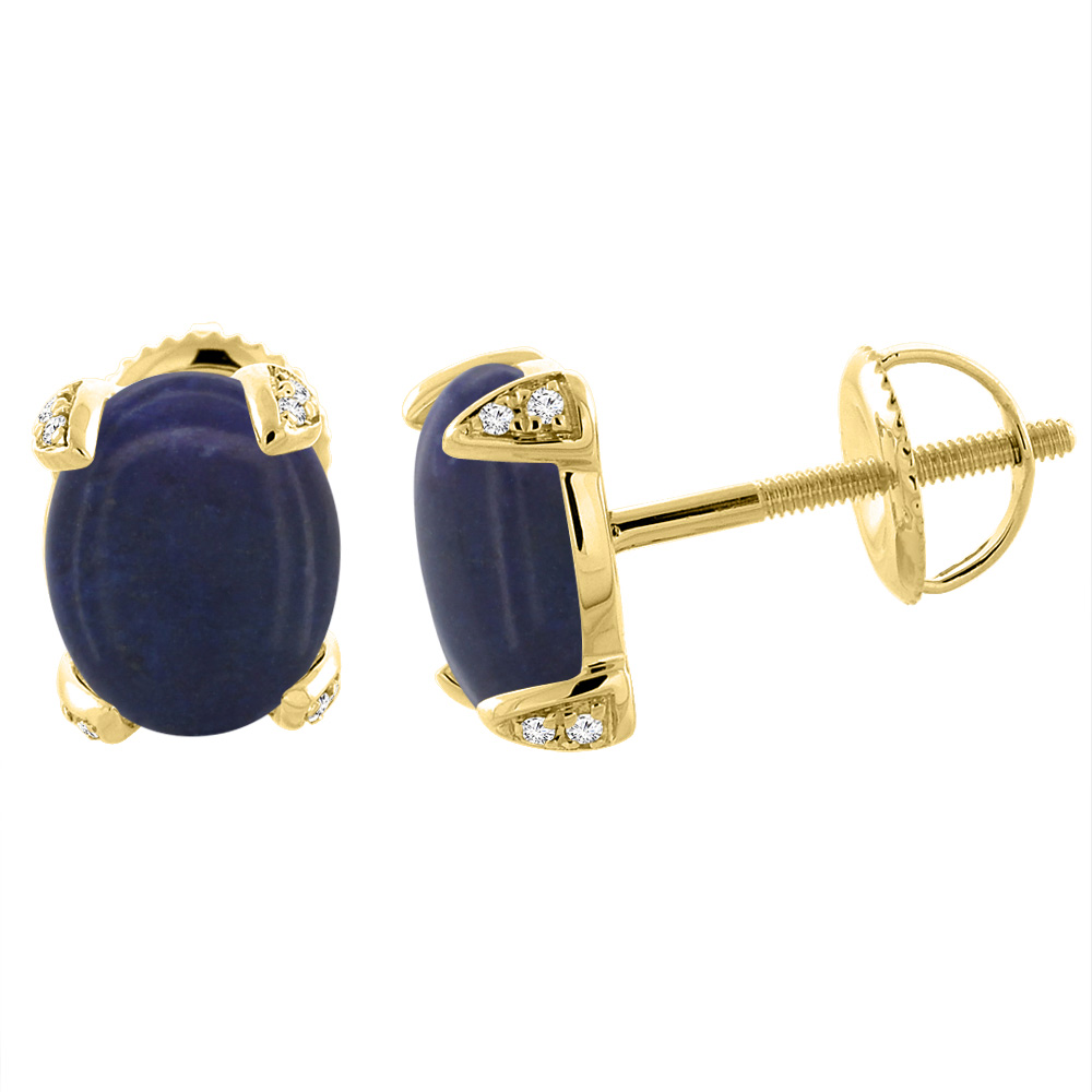 14K YELLOW GOLD NATURAL LAPIS SCREW BACK EARRINGS OVAL 9X7 MM WITH DIAMOND ACCENTS