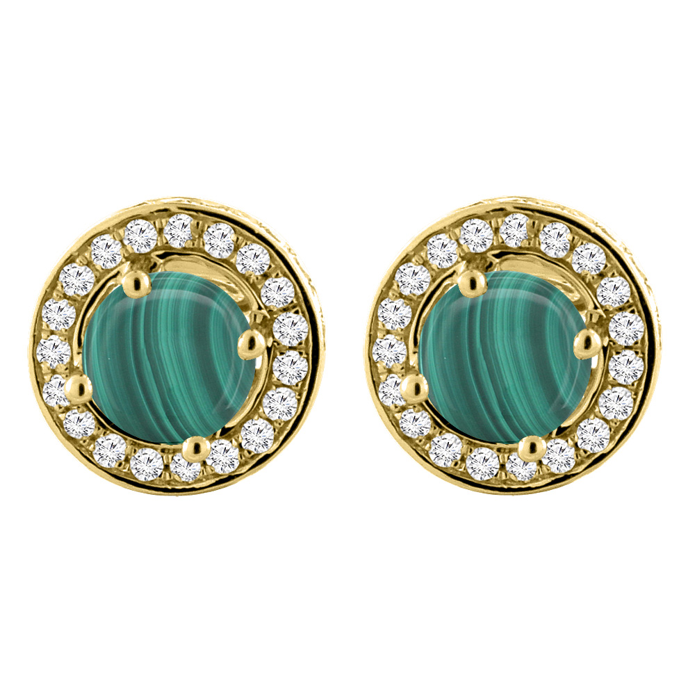14K YELLOW GOLD NATURAL MALACHITE EARRINGS WITH DIAMOND HALO ROUND 5 MM
