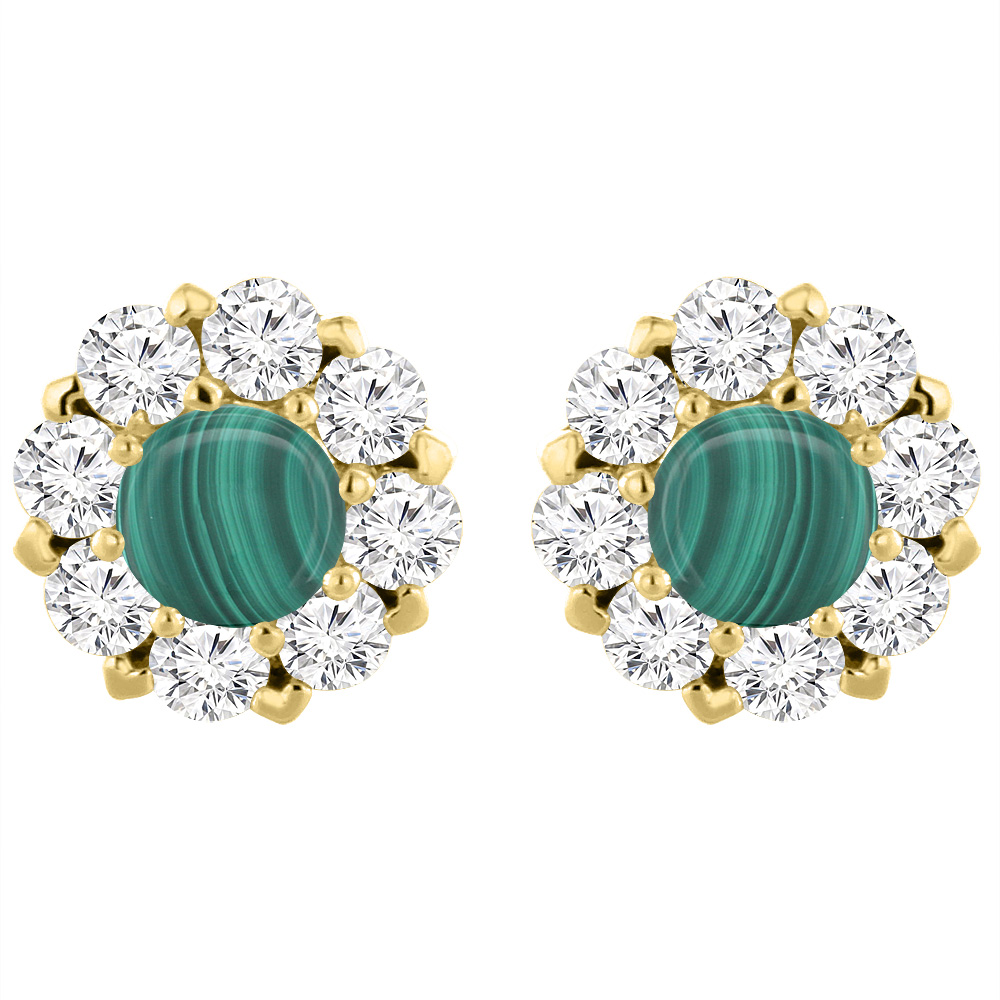 14K Yellow Gold Natural Malachite Earrings with Diamond Halo Round 6 mm