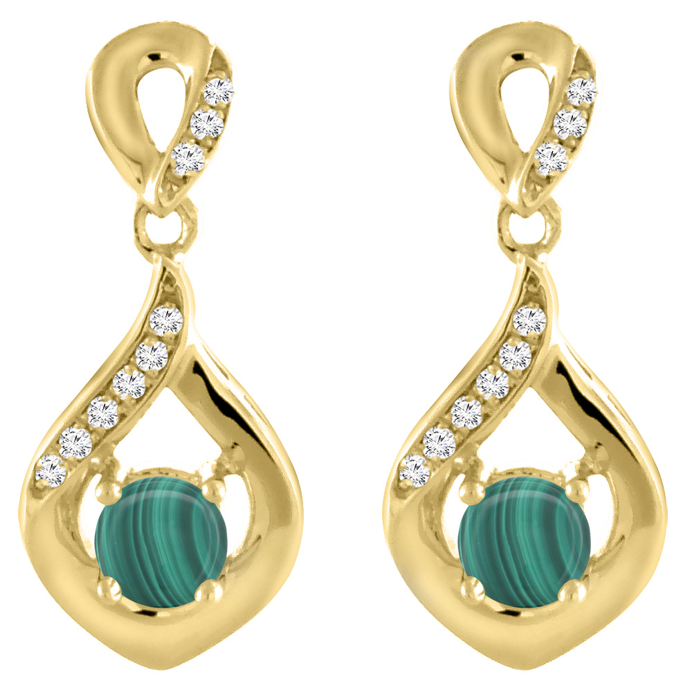 14K Yellow Gold Natural Malachite Earrings with Diamond Accents Round 4 mm