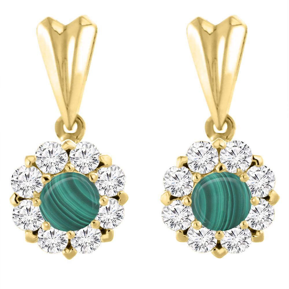 14K YELLOW GOLD NATURAL MALACHITE EARRINGS WITH DIAMOND HALO ROUND 4 MM