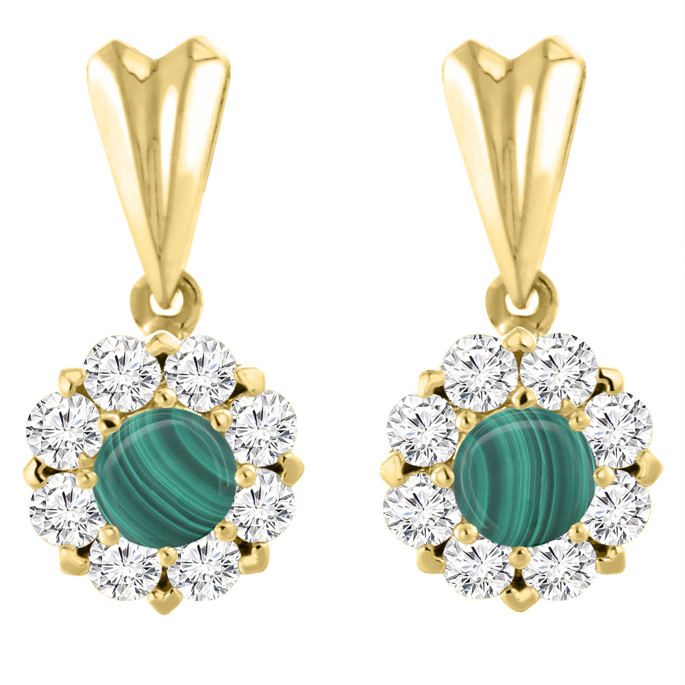 14K Yellow Gold Natural Malachite Earrings with Diamond Halo Round 4 mm