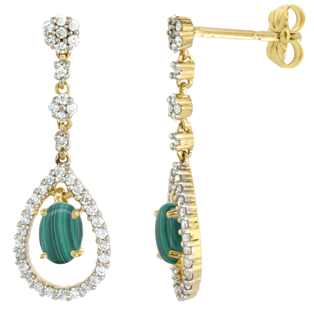 14K GOLD DIAMOND GENUINE MALACHITE DANGLE EARRINGS TEARDROP 6X4 OVAL 1 INCH LONG