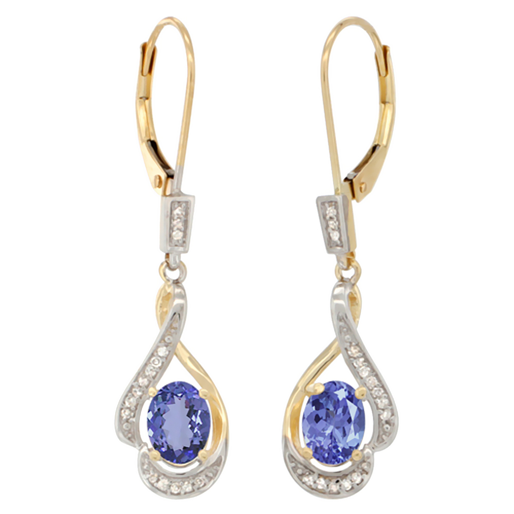 14K YELLOW GOLD DIAMOND NATURAL LEMON QUARTZ LEVERBACK EARRINGS OVAL 7X5 MM, 1 7/16 INCH LONG