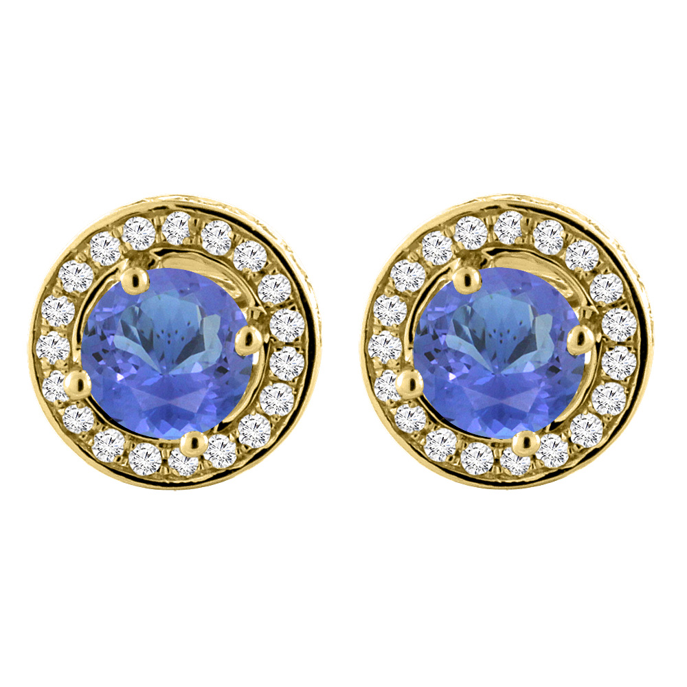14K YELLOW GOLD NATURAL TANZANITE EARRINGS WITH DIAMOND HALO ROUND 5 MM
