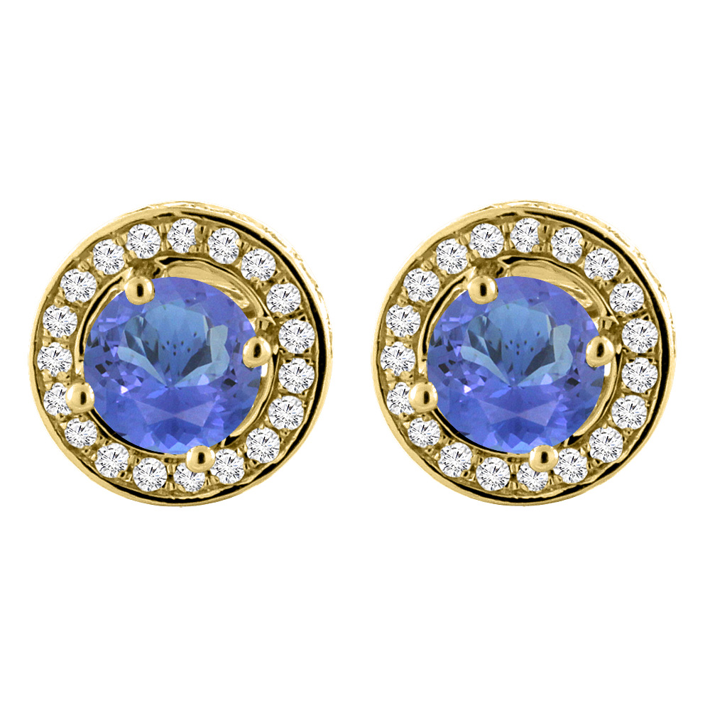 14K Yellow Gold Natural Tanzanite Earrings with Diamond Halo Round 5 mm