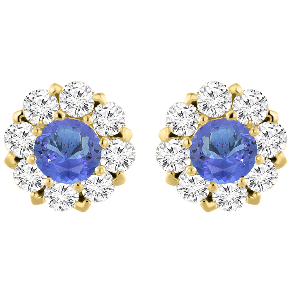 14K Yellow Gold Natural Tanzanite Earrings with Diamond Halo Round 6 mm