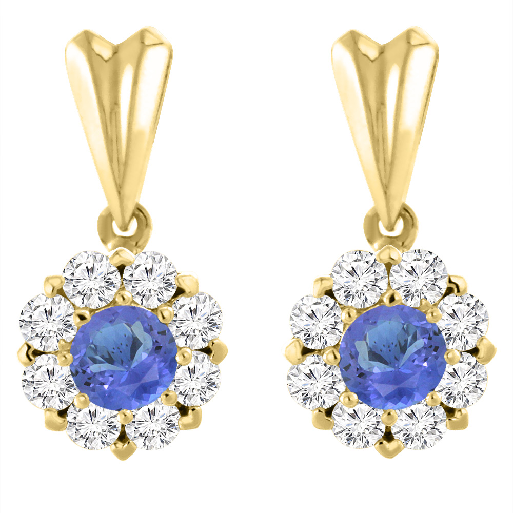 14K YELLOW GOLD NATURAL TANZANITE EARRINGS WITH DIAMOND HALO ROUND 4 MM