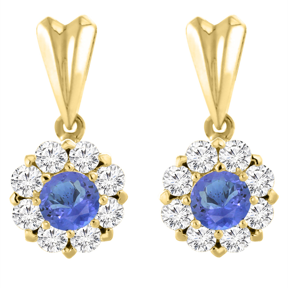 14K Yellow Gold Natural Tanzanite Earrings with Diamond Halo Round 4 mm