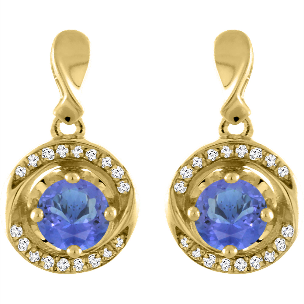 14K Yellow Gold Natural Tanzanite Earrings with Diamond Accents Round 4 mm