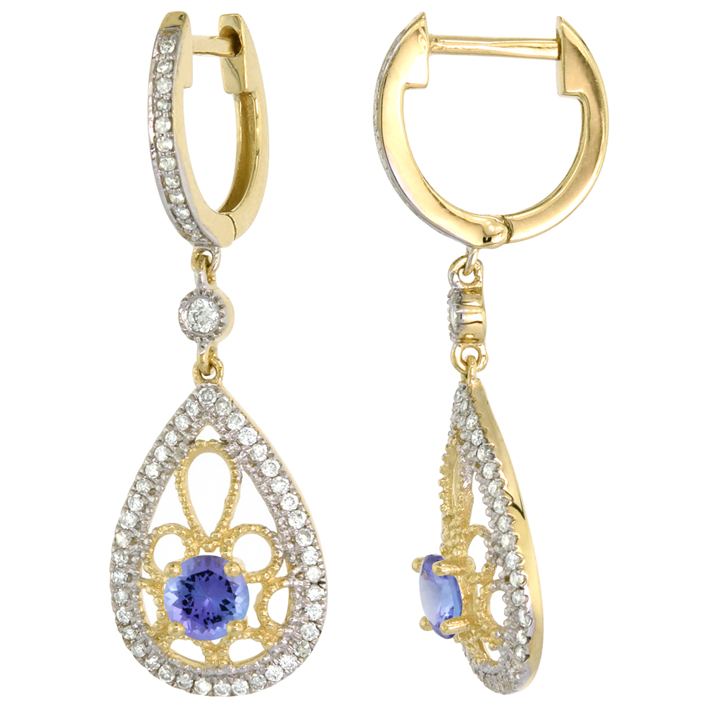 14k Yellow Gold Natural Tanzanite Teardrop Earrings 3.5mm Round with 0.47 cttw Diamonds 3/4 inch long