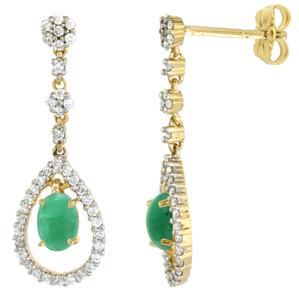 14K GOLD DIAMOND GENUINE EMERALD DANGLE EARRINGS TEARDROP 6X4 OVAL 1 INCH LONG