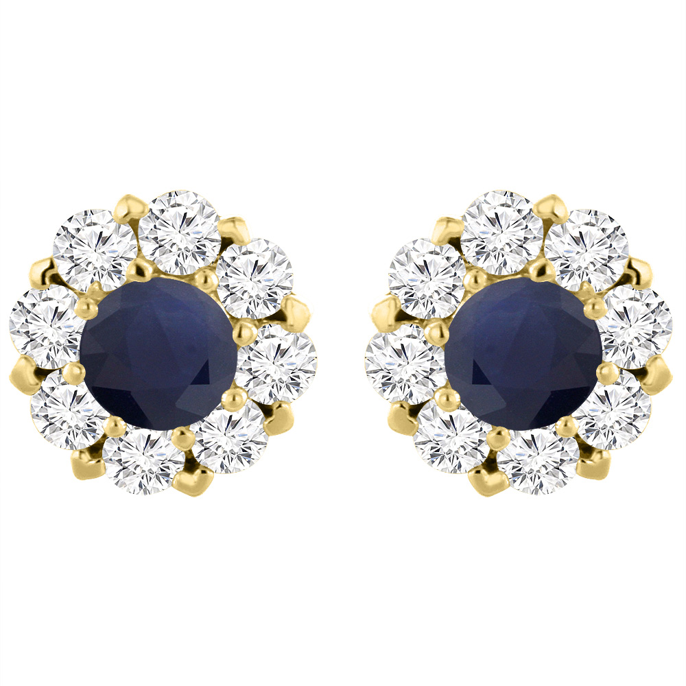 14K YELLOW GOLD DIAMOND HALO NATURAL QUALITY BLUE SAPPHIRE EARRINGS ROUND 6 MM