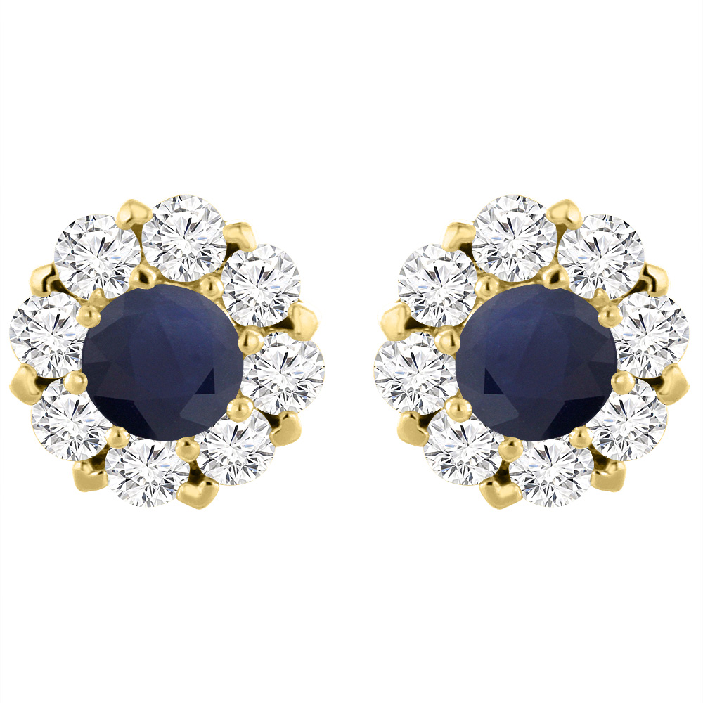 14K Yellow Gold Diamond Halo Natural Quality Blue Sapphire Earrings Round 6 mm