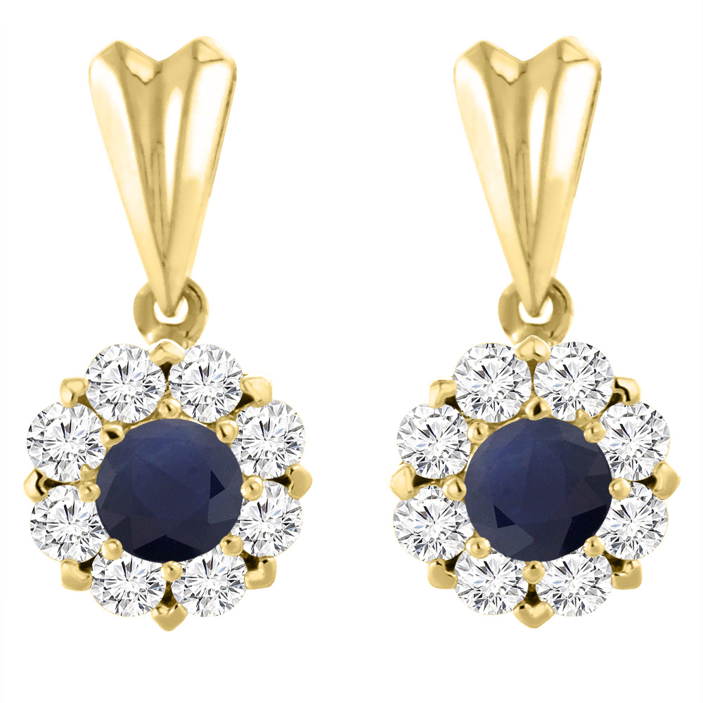 14K Yellow Gold Diamond Halo Natural Quality Blue Sapphire Earrings Round 4 mm
