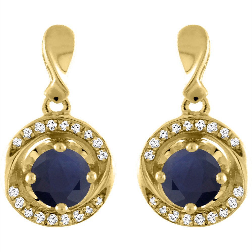 14K Yellow Gold Diamond Natural Quality Blue Sapphire Earrings Round 4 mm