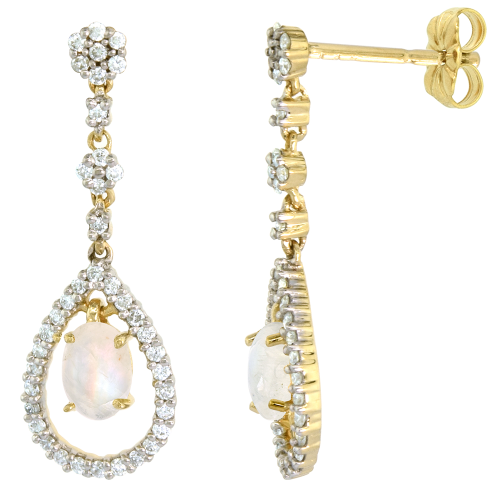 14k Gold Diamond Genuine Rainbow Moonstone Dangle Earrings Teardrop 6x4 Oval 1 inch long