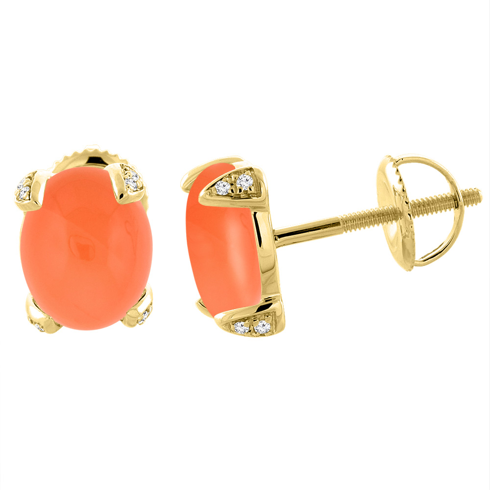 14K YELLOW GOLD NATURAL ORANGE MOONSTONE SCREW BACK EARRINGS OVAL 9X7 MM WITH DIAMOND ACCENTS